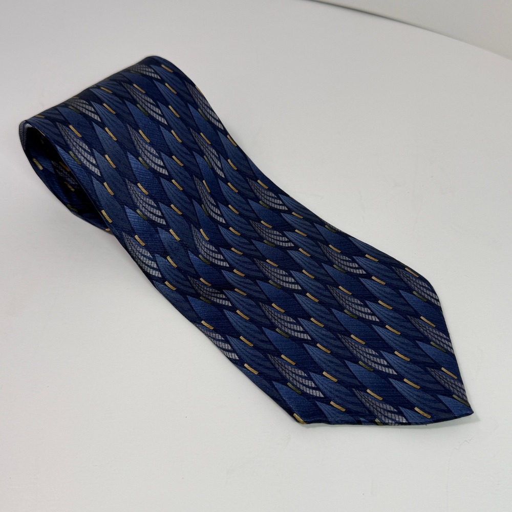 Stafford Mens Silk Blend Tie Navy Blue Gold Geometric Leaf Pattern Wide 4 Inch